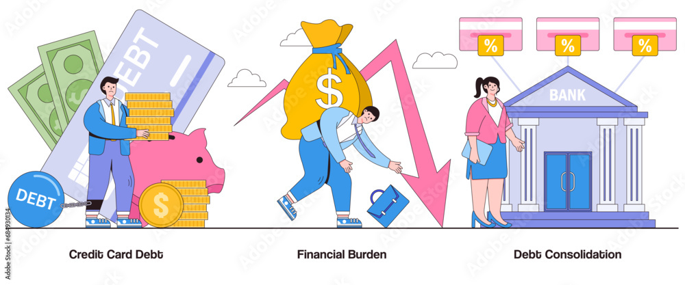 Credit card debt, financial burden, debt consolidation concept with character. Debt relief abstract vector illustration set. Debt management, financial freedom, debt elimination metaphor