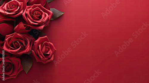 Red roses flower on red background. empty space for text, top view