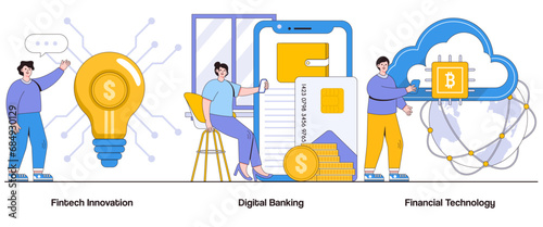Fintech innovation, digital banking, financial technology concept with character. Fintech Solutions abstract vector illustration set. Financial disruption, tech-driven banking, fintech evolution