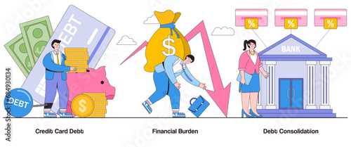 Credit card debt, financial burden, debt consolidation concept with character. Debt relief abstract vector illustration set. Debt management, financial freedom, debt elimination metaphor
