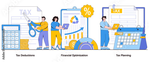 Tax deductions, financial optimization, tax planning concept with character. Tax savings abstract vector illustration set. Financial efficiency metaphor