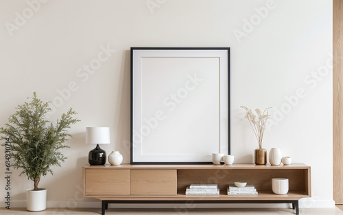 Empty mock-up frame on a wooden shelf in the interior design of a modern living room with a white wall and home decor pieces. © Afian