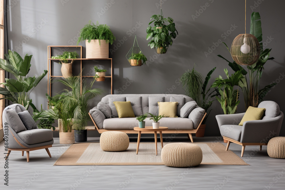 Decorating the living room in the apartment with sofas and armchairs with plant pots adds to the natural atmosphere.