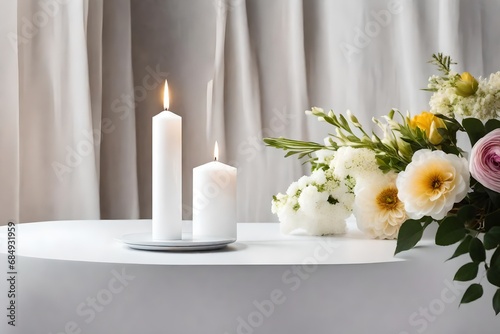 A White table with bouquets and a perfumed candle against a contemporary minimalist backdrop