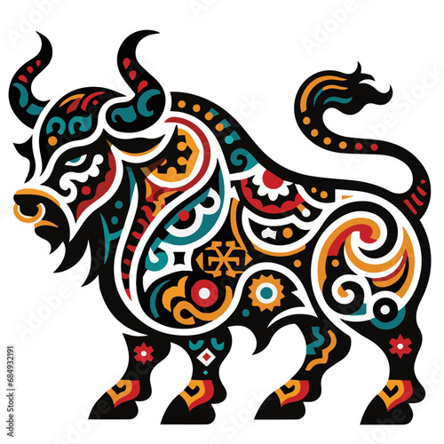Vector icon of the Ox, in Mongolian folk art style, with elements from Tamerlane and Chinggis Khan's era, showcasing Mongolia's heritage. Part of a Chinese Zodiac set. photo