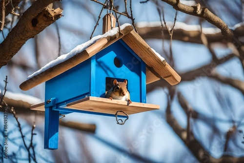 Blue wooden feeder for birds or squirrels on tree branches. Handmade garden decoration