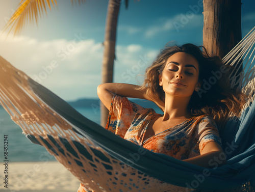 A tranquil seaside escape with a woman in a hammock, enjoying the sun, sea, and relaxation at a tropical beach resort