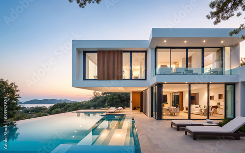 Modern minimalist cubic villa exterior featuring a swimming pool, set against the backdrop of a sunset. © Afian