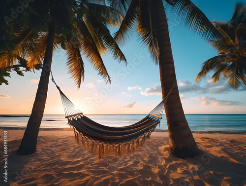 Hammock between two coconut trees on a tropical island with beautiful beach and sky, vacation, travel