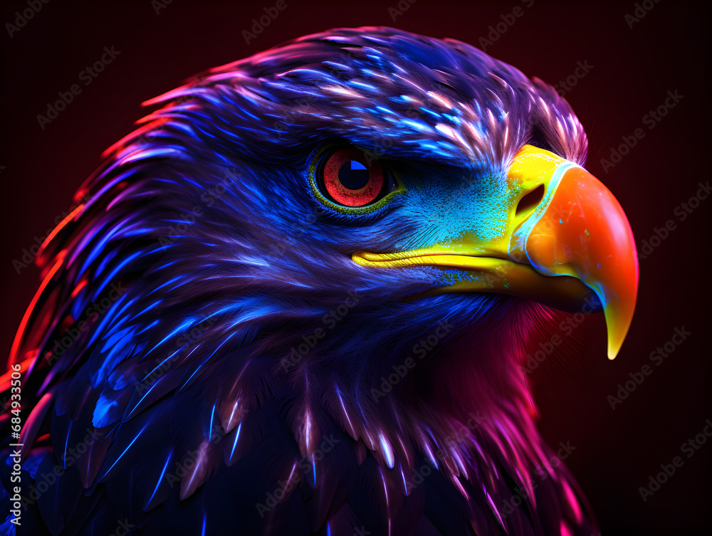 Bald eagle on dark studio background in neon light, pet love, animal life, Purple and blue neon, UV blacklight, fantastic, fluorescent, luminescence Bald eagle on dark studio background in neon light, pet love, animal life, Purple and blue neon, UV blacklight, fantastic, fluorescent, luminescence