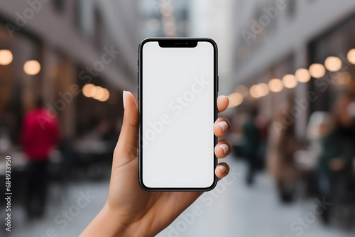 person holding smartphone mockup, white screen iphone mockup photo