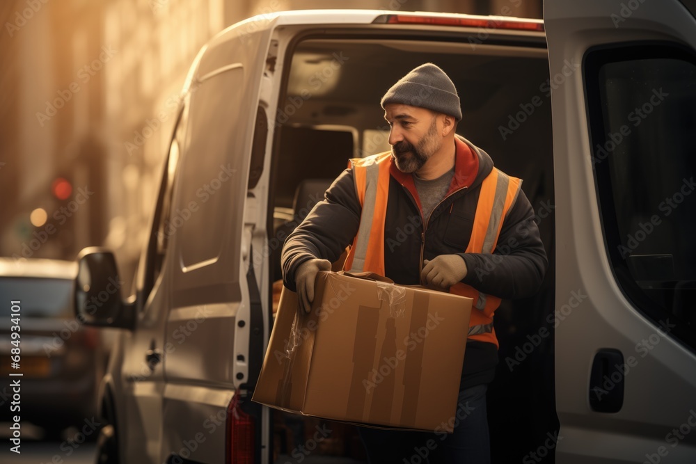 a male delivery worker is unloading cargo from a van a male delivery worker is unloading cargo from a van