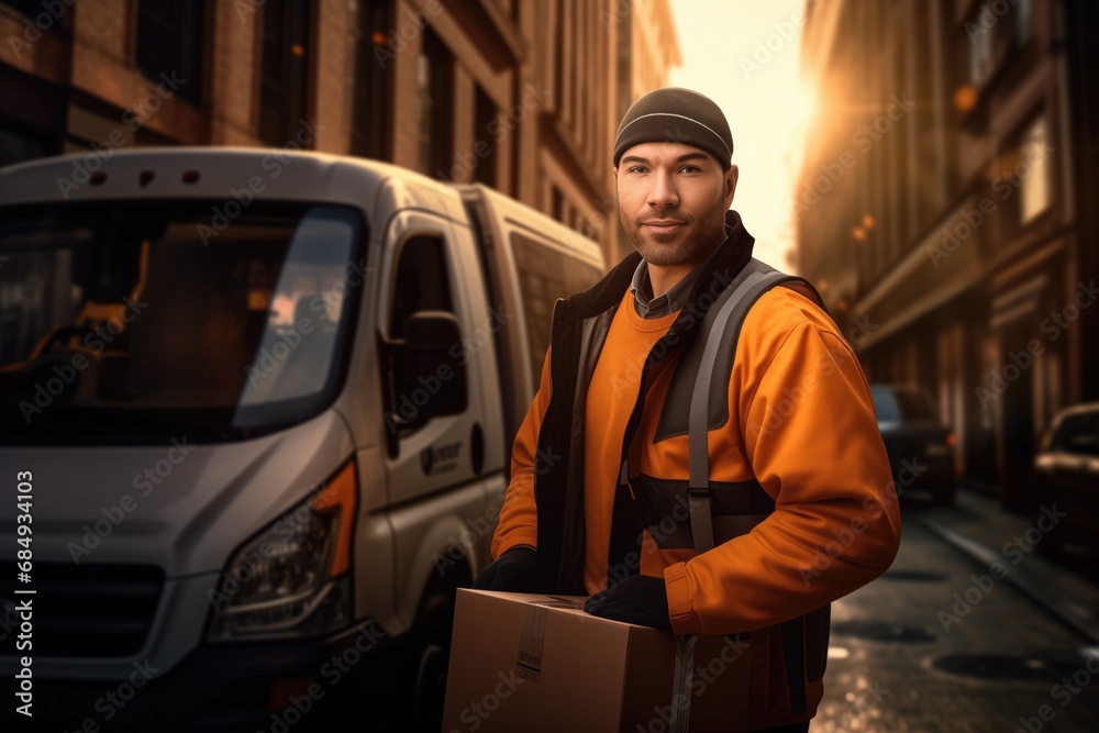 a male delivery worker is unloading cargo from a van