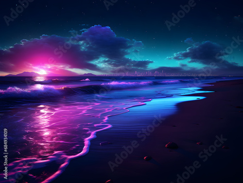 Beach and sea  Purple and blue neon  UV blacklight  abstract background