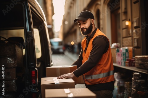 a male delivery worker is unloading cargo from a van photo