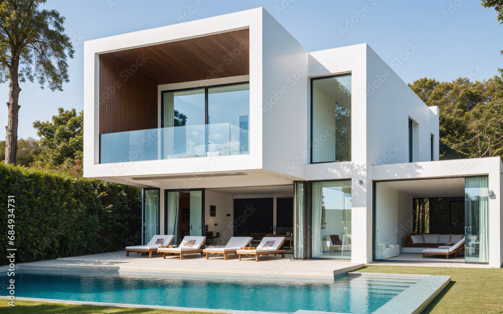 Modern minimalist cubic villa exterior featuring a swimming pool, set against the backdrop of a sunset.
