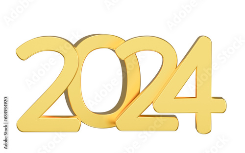 Happy new year inscription 2024 holiday isolated on transparent background. Gold numeral 2024 decoration. 3d render