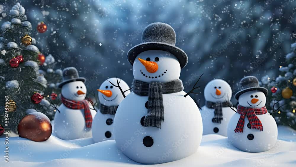 Christmas decorations with cute snowmen decorated with falling snow. seamless looping time-lapse virtual video animation background.