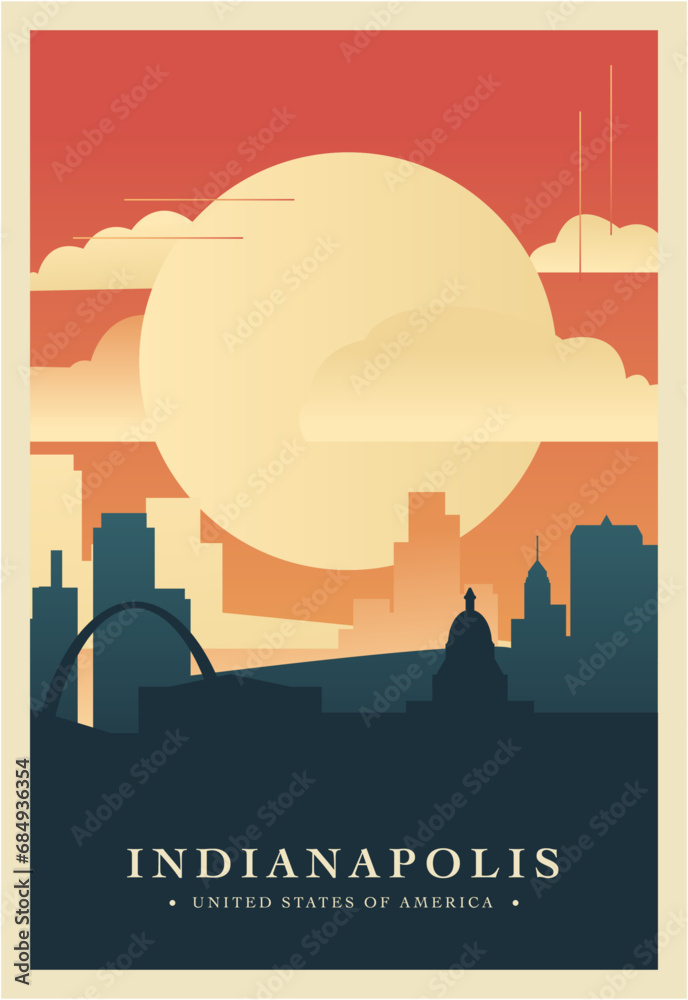 Indianapolis city brutalism poster with abstract skyline, cityscape Indiana state retro vector illustration. US travel guide cover, brochure, flyer, leaflet, presentation template, layout image