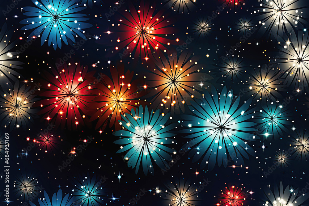 festive seamless pattern with multicolored fireworks on black background for wrapping paper decor