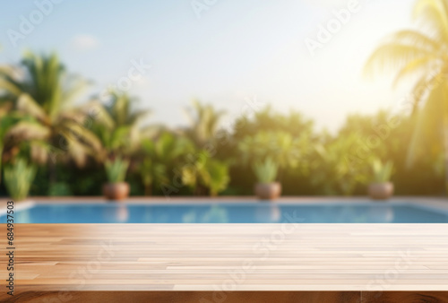 empty wooden table in front of swimming pool with summer blurred background. Ai generated Images