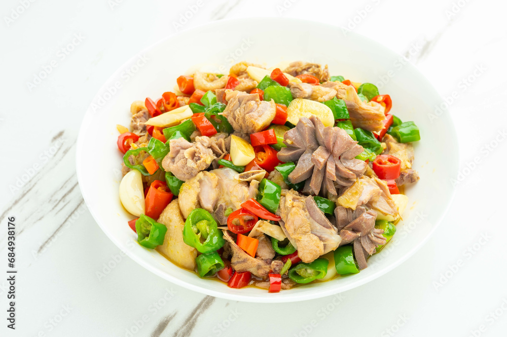 A plate of stir-fried spicy duck meat A plate of stir-fried spicy duck meat