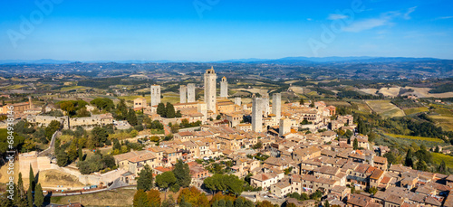 Town of San Gimignano  Tuscany  Italy with its famous medieval towers. Aerial view of the medieval village of San Gimignano  a Unesco World Heritage Site. Italy  Tuscany  Val d Elsa.