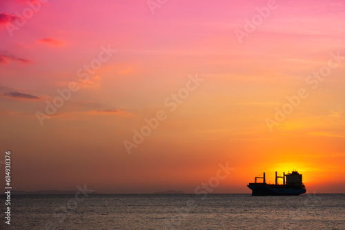 Sailing in the sea, skyline scenery The sun rose in the morning sky with colorful clouds. and beautiful cloud patterns in the soft morning light at the sea