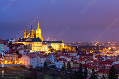 Prague Castle and Lesser Town panorama by night. View from Petrin Hill. Prague  Czech Republic. View of Prague Castle from Strahov monastery at night. Prague  Czech Republic