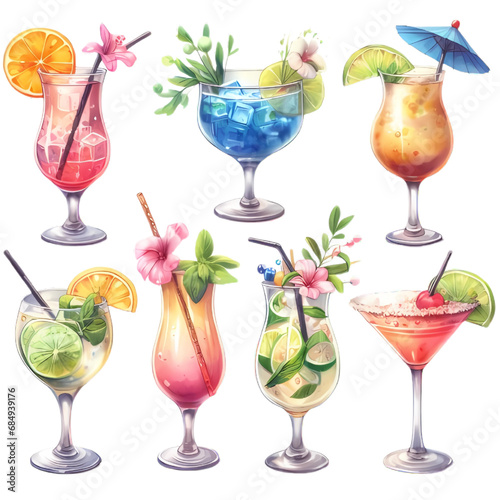 Set of cocktails, summer drinks watercolor clipart. Vector. Refreshing beverage glasses with ice mint and straw