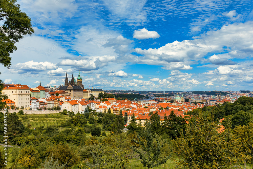 Prague Castle and Lesser Town panorama. View from Petrin Hill. Prague, Czech Republic. View of Prague Castle from Strahov monastery. Prague, Czech Republic