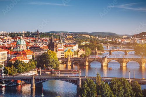 Prague View of the Vltava River and the bridges shined with the sunset sun, Prague, the Czech Republic