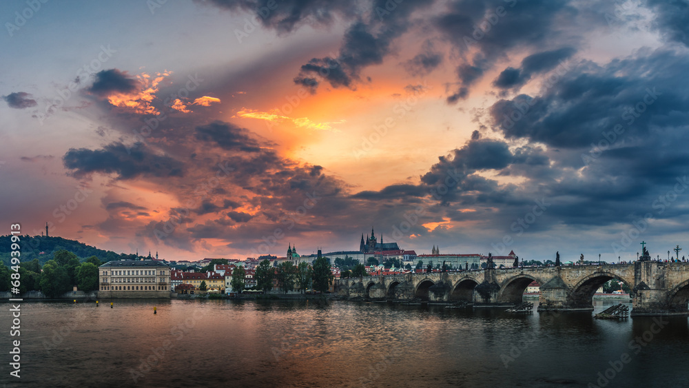 Famous iconic image of Charles bridge, Prague, Czech Republic. Concept of world travel, sightseeing and tourism.