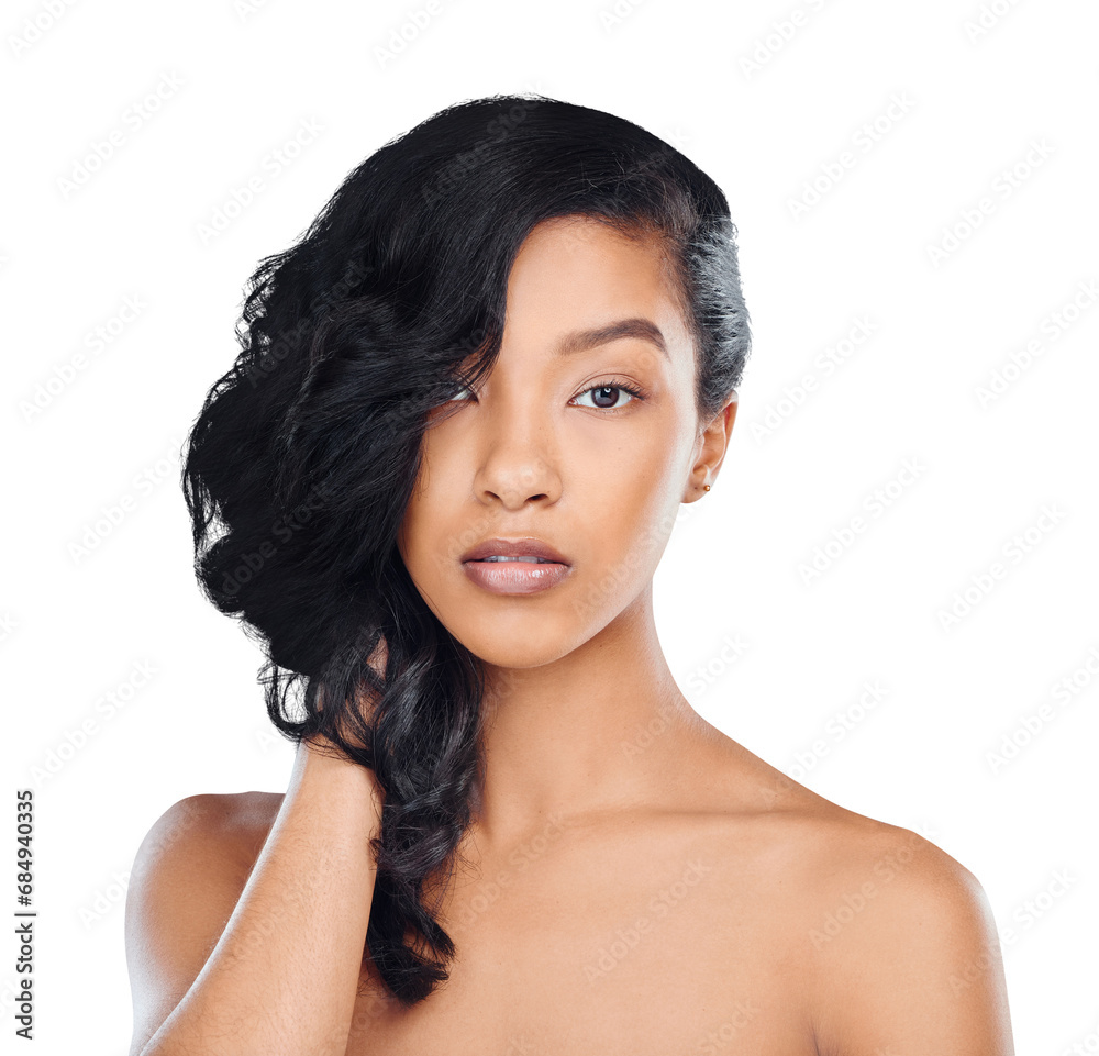 Fototapeta premium Beauty portrait, hair and relax woman with wavy hairstyle texture, cosmetic shine or spa salon treatment. Wellness, hairdressing routine and haircut model isolated on transparent, png background