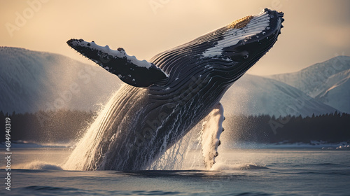 Great whale breaching water at sunset