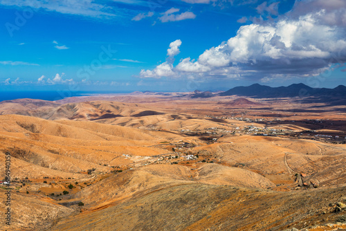 Betancuria National Park on the Fuerteventura Island, Canary Islands, Spain. Spectacular view of the picturesque mountain landscape from the drone of the Betancuria National Park in Fuerteventura