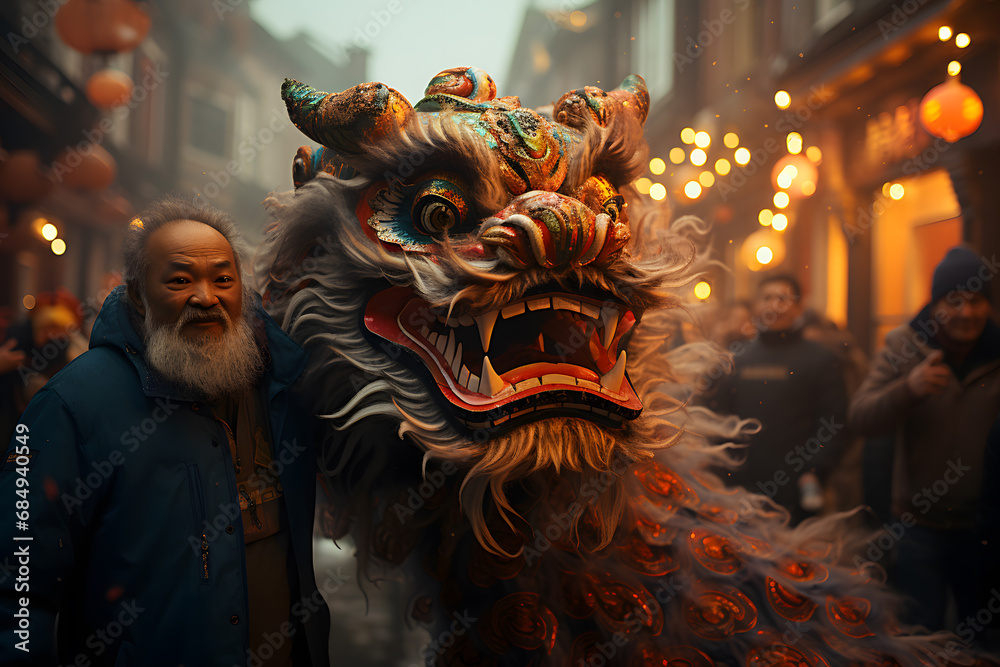A man with the dragon at the Chinese Dragon festival at street.