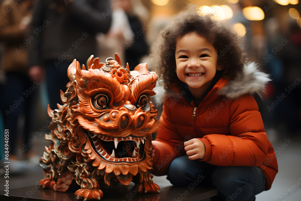 A girl with a dragon sculpture at the Chinese New Year street celebration.