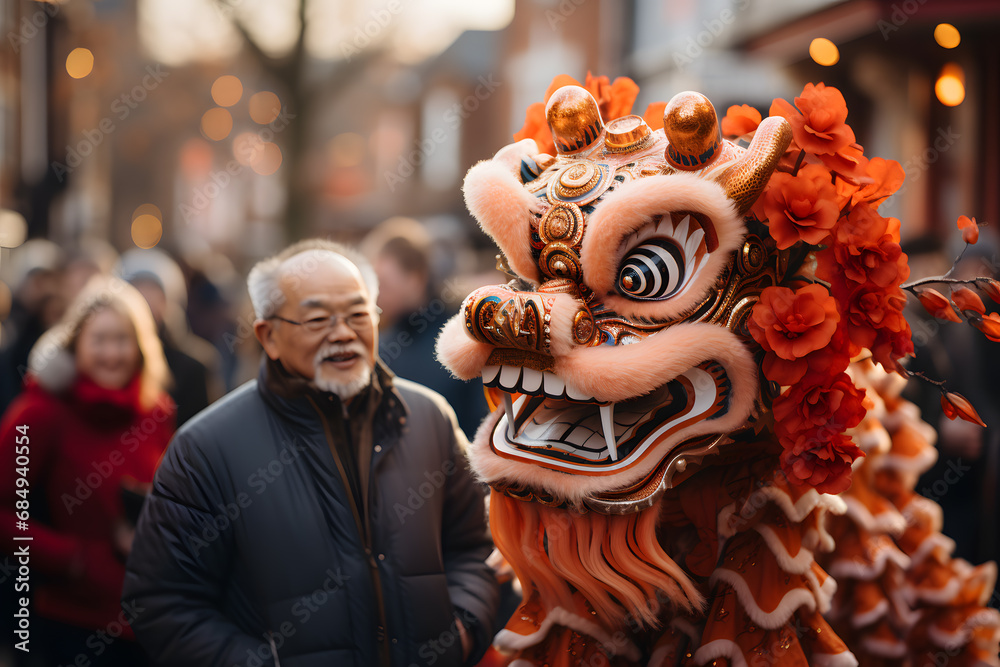 A man with the dragon at the Chinese Dragon festival at street.