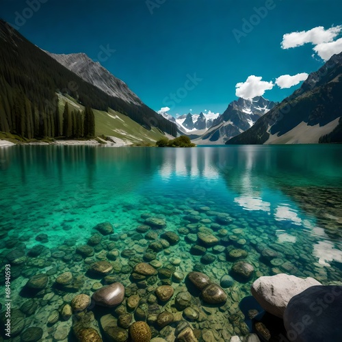 closeup view, Amazing landscape of alpine lake with crystal clear green water and blue sky