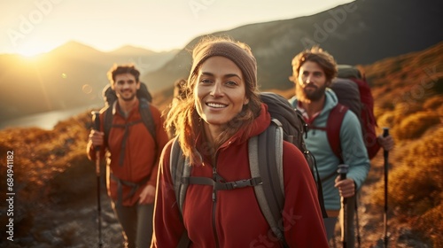 Group of friends people looking at camera exercise trekking in national park with golden glasses field, holding trekking pole, tourist lifestyle adventure travel outdoor in autumn widow sunset