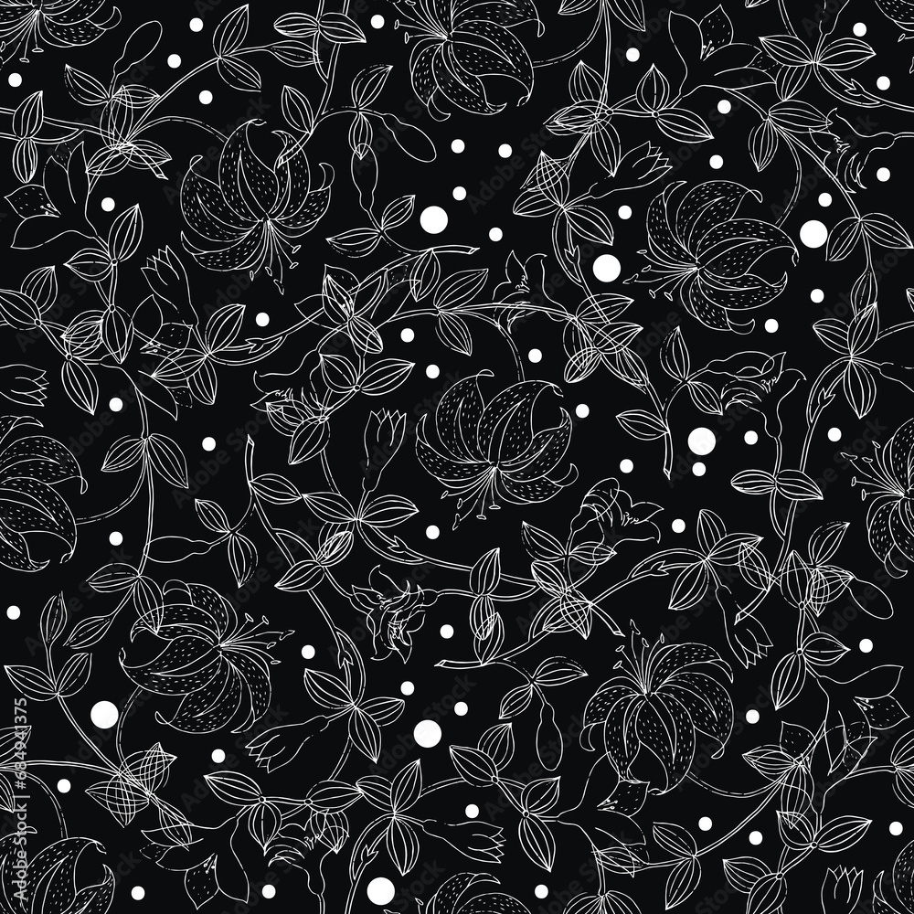 Hand drawn line art lily flowers leaves black and white seamless pattern. Ornamental black vector floral background with white lines lilies flowers , leaves, polka dots. Elegance ornate ornaments