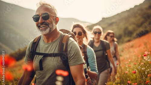 Group of middle-aged people looking at camera smiling spend free time trekking in national park with flower glasses field, retired pensioner lifestyle outdoor activities, autumn season, widow sunset #684941353