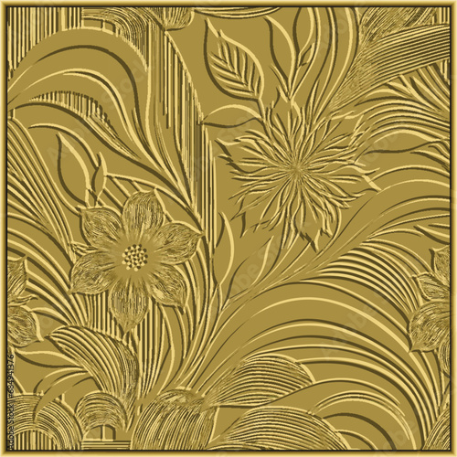 3d Emboss striped ornamental floral seamless pattern with square frame. Hand drawn line art striped surface flowers, leaves ornaments. Vector relief stripes embossed gold background. Grunge texture