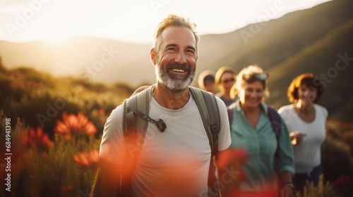 Group of healthy senior middle-aged people looking at camera smiling spend free time trekking in national park with flower glasses field, retired pensioner lifestyle outdoor activities, against sunset #684941398