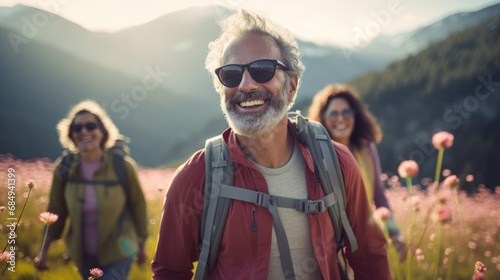 Group of middle-aged people looking at camera smiling spend free time trekking in national park with flower glasses field, retired pensioner lifestyle outdoor activities, autumn season, widow sunset #684941399