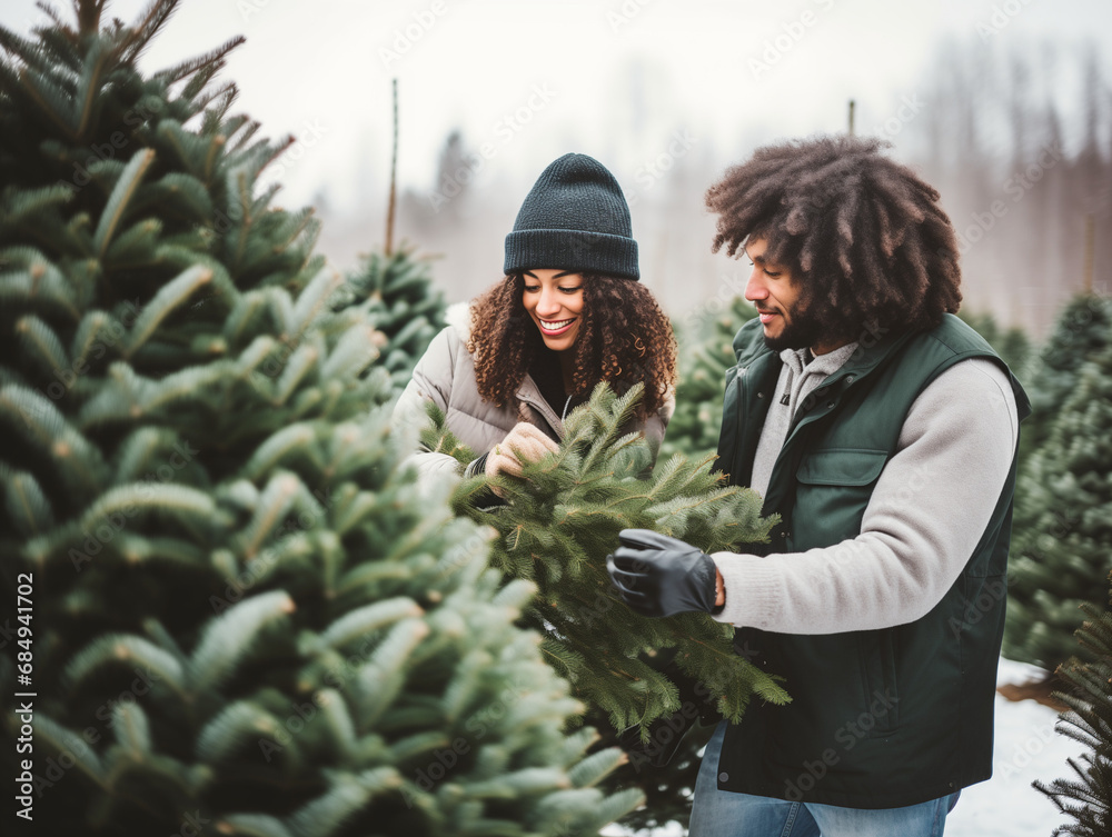 A Photo Of A Mixed-Race Couple Selecting A Christmas Tree At A Snowy Holiday Tree Farm A Photo Of A Mixed-Race Couple Selecting A Christmas Tree At A Snowy Holiday Tree Farm