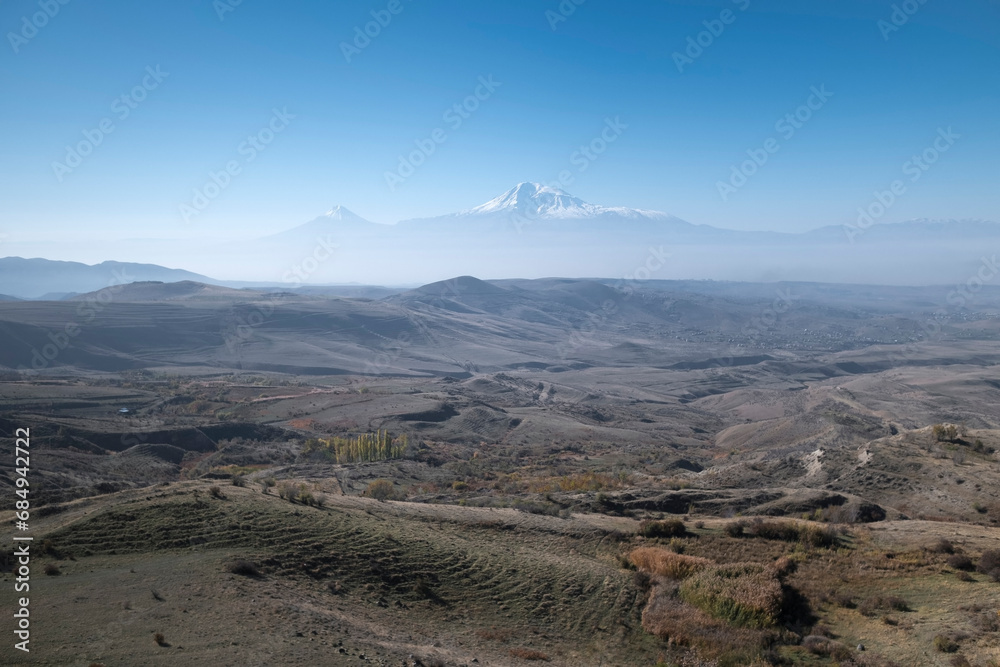 A view of the snowy white peak of Ararat in Armenia.