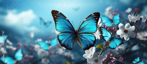 Morpho butterfly background.Flower seeds on bright cloudy sky background. photo