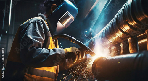 Industrial worker engaged in rail welding with specialized tools.